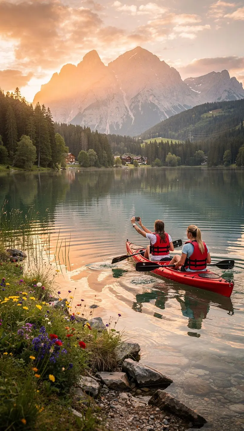 Ein ruhiger See, der von majestätischen Bergen umgeben ist, ideal für Outdoor-Aktivitäten.